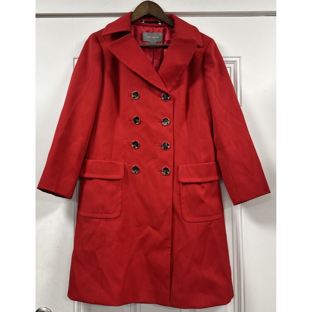 Ann Taylor Womens 8 Red Overcoat Double Breasted Long Career Classic